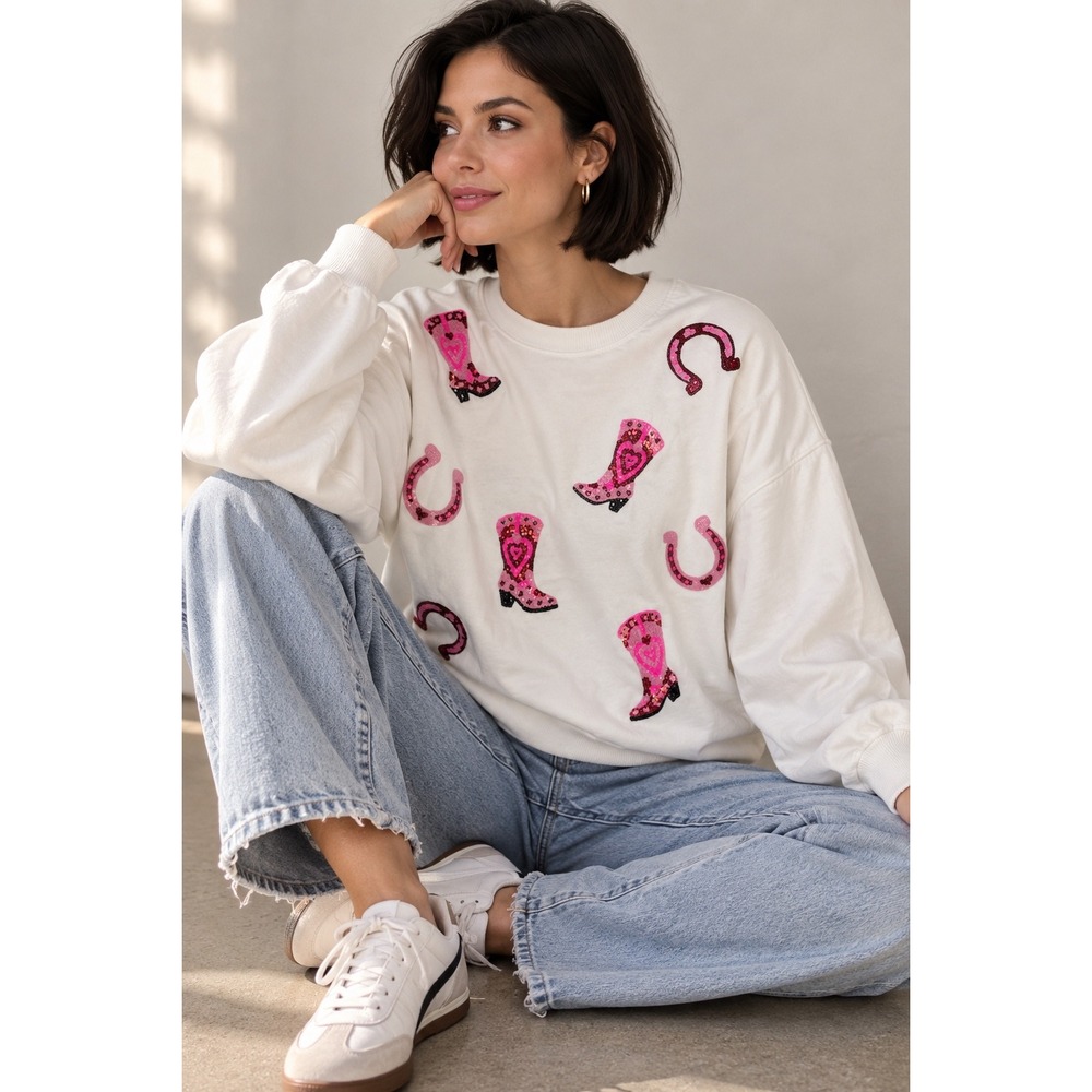 Peach Love California Sequin Cowboy Boots Western Sweatshirt White Medium